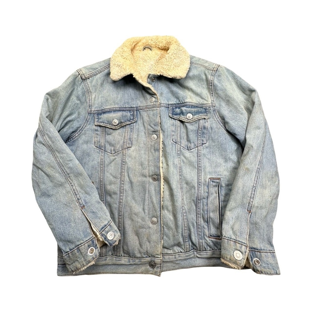 Topshop Denim Jacket Women US 4 Blue Borg Lined Sherpa Collar Trucker Coat Flaws